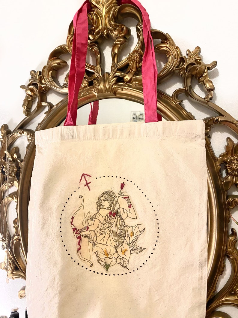 Hand made custom illustrated SAGITTARIUS tote bag