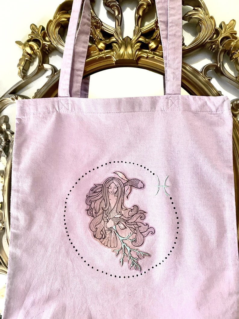 Hand made custom illustrated PISCES tote bag
