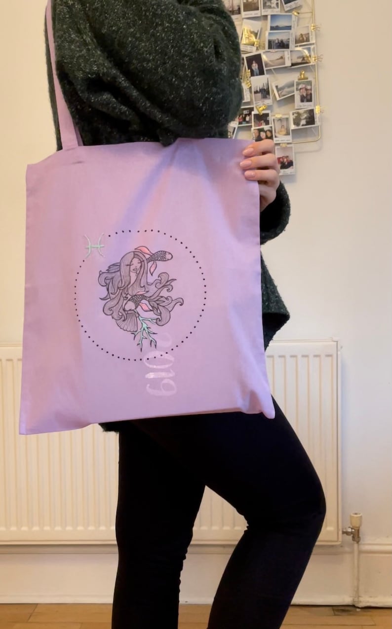 Hand made custom illustrated PISCES tote bag