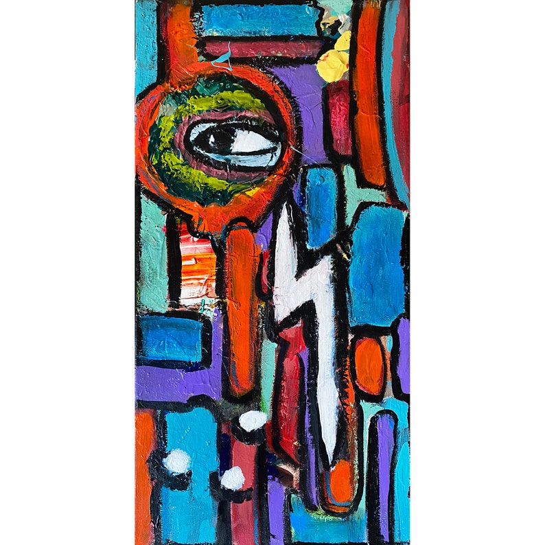 Puede incluir: Pintura expresionista abstracta con un motivo central de ojo. La obra presenta una vibrante paleta de colores, incluyendo naranja, azul, morado y verde. Una forma de rayo blanco es prominente, agregando un elemento din&aacute;mico a la composici&oacute;n.