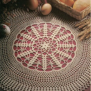 May include: A beige crocheted doily with a delicate floral pattern in the center. The doily is laid out on a red surface with bread, eggs, and wheat stalks around it.