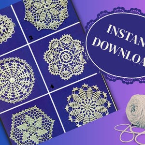 May include: A collection of five crochet doilies in various patterns, with a white yarn ball and a crochet hook in the bottom left corner. The doilies are on a blue background with numbers 1 through 5.