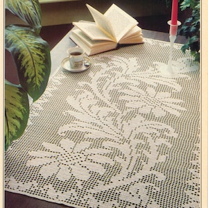 Peut inclure: Un chemin de table en crochet blanc avec un motif floral. Le chemin de table est posé sur une table en bois avec un livre, une tasse de café et un bougeoir avec une bougie rouge.