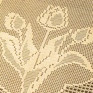 May include: A close-up of a beige crocheted tablecloth with a brown floral pattern.