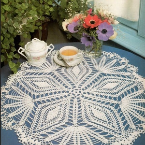 May include: A white crocheted doily with a delicate floral design, featuring a central motif of a stylized flower. The doily is laid on a blue tablecloth, with a white teapot and a cup of tea visible in the background.