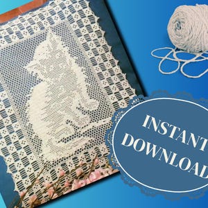 Väggbonad med gosig katt - Virkad kudde med filémotiv - Mönster för vintageduk - Direkt nedladdning - PDF-mönster - Skriftliga instruktioner och diagram