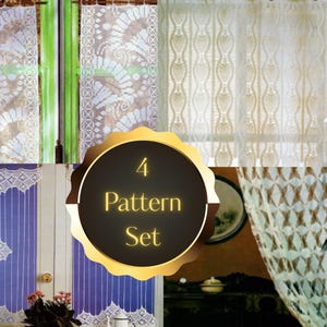 May include: A set of four white lace curtains featuring distinct decorative patterns including floral motifs, vertical stripes, and geometric diamond designs. The collection includes various styles of intricate openwork fabric panels designed for window coverage.