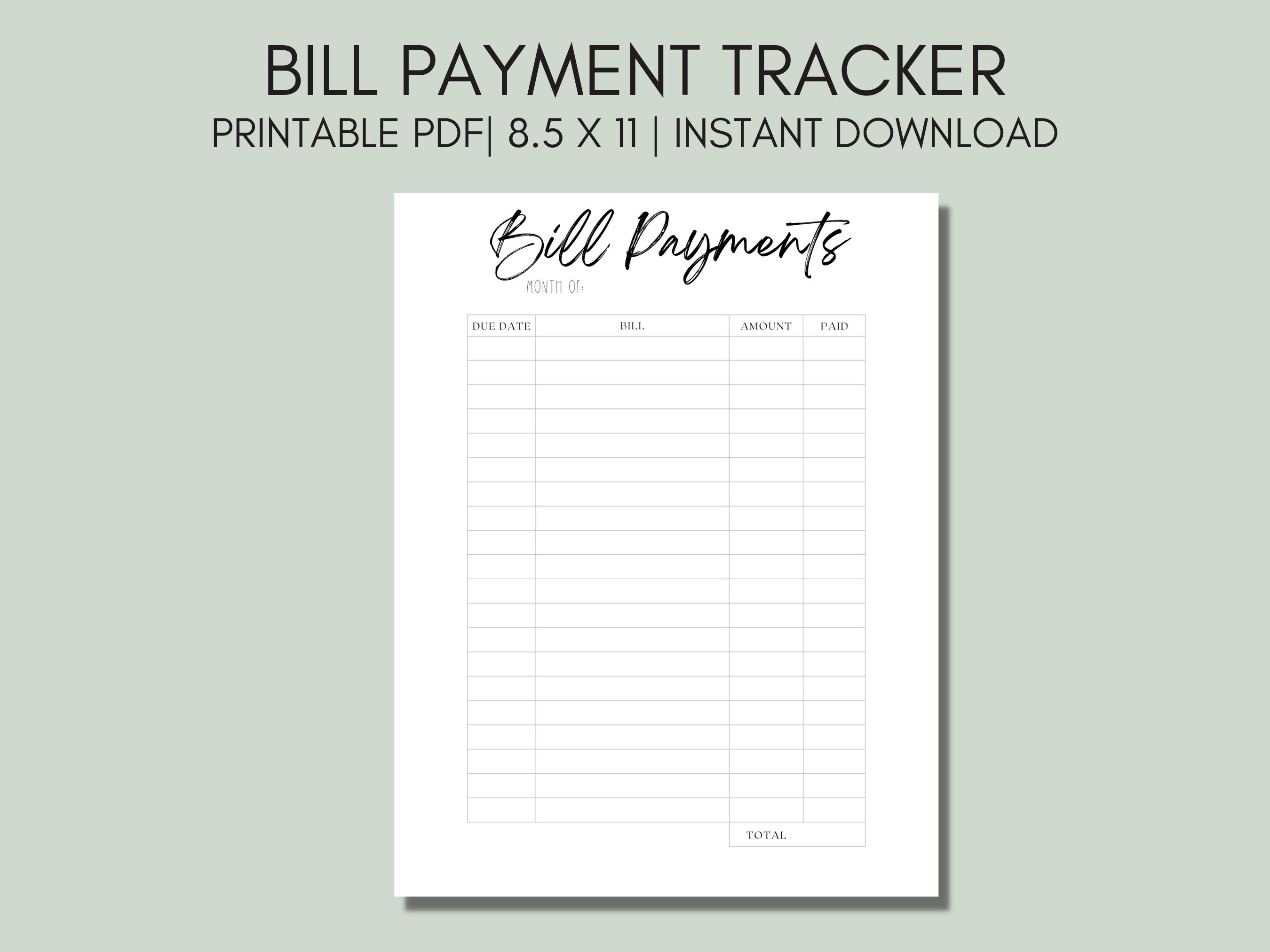 Monthly Bill Payment Tracker, Printable Bill Payment Checklist, Bill Planner,  Monthly Bill Log, Pay Checklist Organizer, Budget Planner 