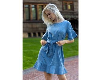 Blue Ruffle Tiered Summer Dress Tied at the Waist