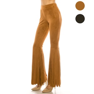 May include: Brown suede pants with a wide leg and fringe detail.