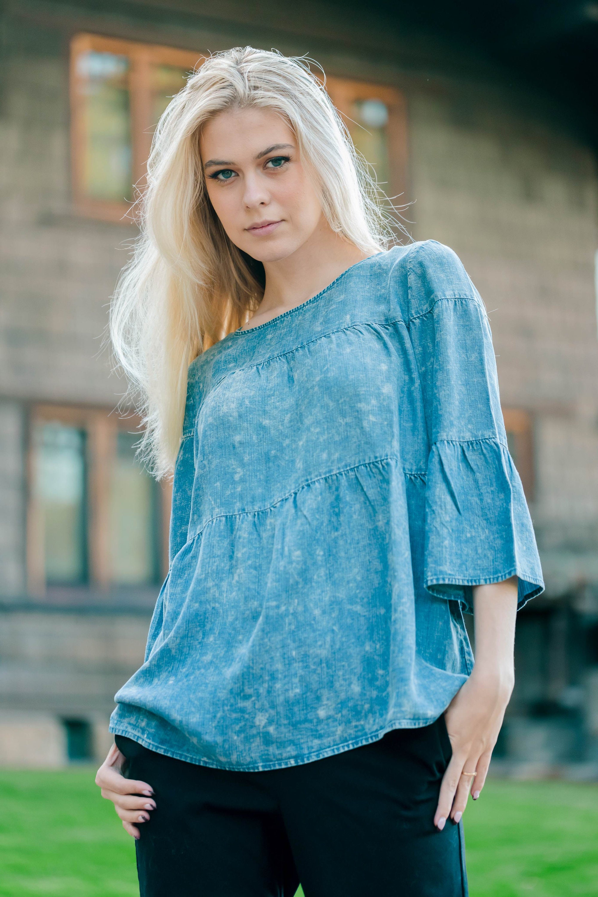 Women s Tencel Button Down Denim Shirt W flare Sleeves Etsy