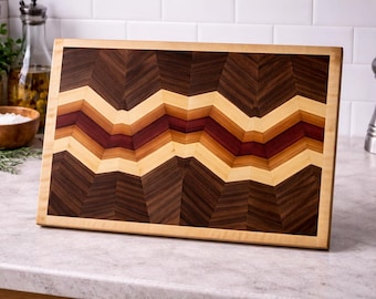 Handcrafted Chevron Hardwood Cutting Board & Charcuterie Board – Walnut, Curly Maple, Cherry and Purpleheart
