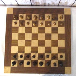 Elegant Vintage Chess Set: Lardy Style Pieces on Curly Maple and Walnut Board