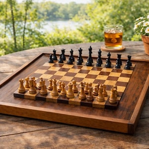 Walnut and Oak Chessboard – Handmade Solid Wood Board with Vintage Drueke & Co. No.00 Chess Set – Heirloom Game Room Gift