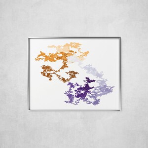 Pode incluir: Uma impressão de arte abstrata emoldurada com um fundo branco e três grupos de formas coloridas. As formas são em tons de laranja, roxo e azul.