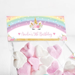 Einhorn Leckerlibeutel Vorlage, bearbeitbare Regenbogen magische Feier Leckerli Box Etikett, Mädchen Geburtstagsparty Süßigkeiten Tasche favor DLPB25
