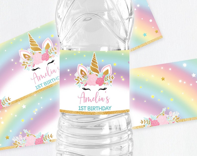 unicorn water bottle label editable rainbow magical celebration girl birthday party label template gold glitter floral