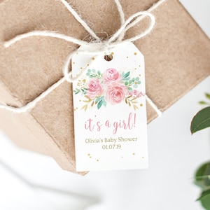 editable its a girl baby shower gift tag template, printable blush pink floral thank you favor tag, gender reaveal label tag DLPB12