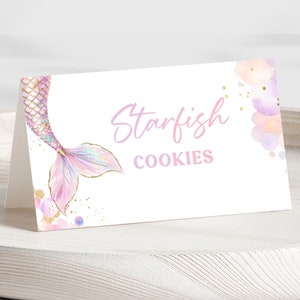 Sous la mer sirène anniversaire nourriture tente table modifiable signe rose violet petite sirène queue buffet de fête étiquette de nourriture marque-place DLPB159
