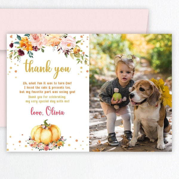 editable pumpkin thank you card with photo, fall pumpkin 1st birthday photo thank you note cards baby girl, autumn party DLPB29