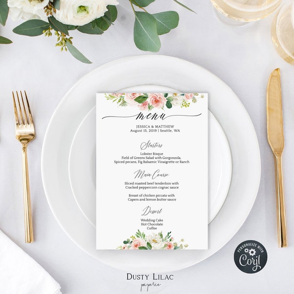 blush pink floral wedding menu template, editable dinner menu cards, printable reception wedding table menu, DLP16S1