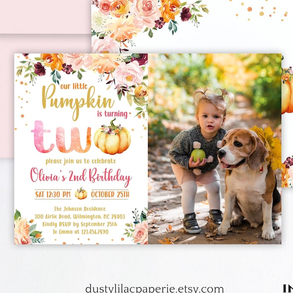 pumpkin 2nd birthday invite with photo, fall second birthday party invitation baby girl, our little pumpkin is turning two DLPB29