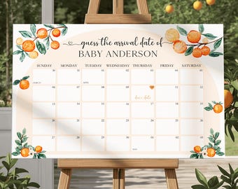 Calendario de baby shower con fecha de parto, adivinanza de cumpleaños editable con naranja cítrica, predicción de fecha de nacimiento DLPB165