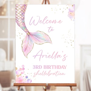 Sotto il mare sirena compleanno benvenuto cartello modificabile rosa viola ragazza 3 piccola coda della sirenetta festa poster modello stampabile digitale DLPB159