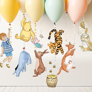 Classico ritaglio appeso di Winnie the Pooh, stampabile Pooh Bear e i suoi amici, palloncino da appendere, decorazione per baby shower e festa di compleanno