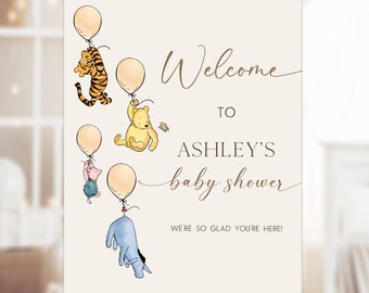 Classico cartello di benvenuto per baby shower di Winnie the Pooh, cartello di benvenuto per festa con palloncino vintage con orsetto Pooh, modificabile, neutro rispetto al genere, DLPB172