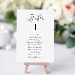 tarjetas de números de mesa imprimibles con nombres de invitados, plantilla de tarjetas de tabla de asientos en blanco y negro, plano de asientos de tarjetas de mesa, DLP03