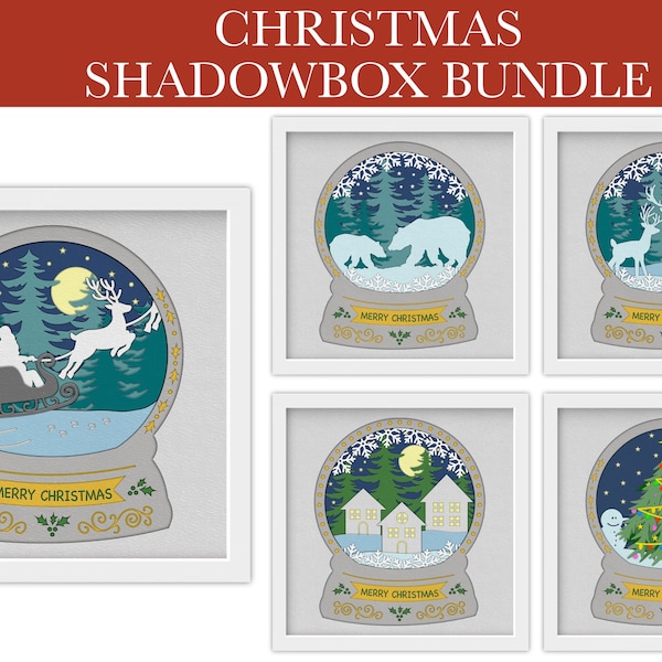 christmas shadow box svg bundle, 3D layered winter light box cutting files, papercut snow globe, santa sleight with reindeer, christmas tree christmas shadow box svg bundle, 3D layered winter light box cutting files, papercut snow globe, santa sleight with reindeer, christmas tree