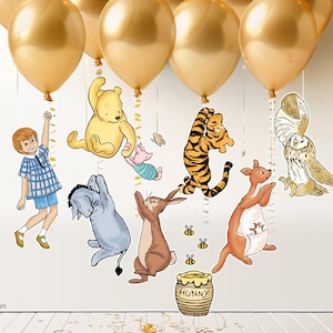 Classico ritaglio di Winnie the Pooh e amici che tengono palloncini, centrotavola fai da te per baby shower e compleanno, stampabile, decorazione da tagliare su due lati