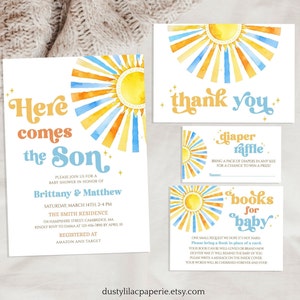 Paquete de invitación para baby shower Sunshine, aquí viene el paquete de invitación para baby shower Son Blue Boy, plantilla editable Retro Sonshine Boho DLPB157