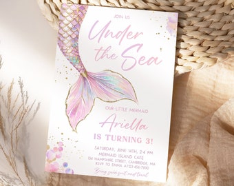 Under The Sea Mermaid Birthday Invitation Editable Pink Purple Girl 3rd Little Mermaid Tail Party Invite Digital Printable Template DLPB159