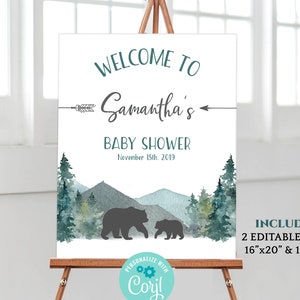 cartello di benvenuto per baby shower con cucciolo piccolo, pannello di benvenuto modificabile rispetto al genere, decorazione per feste in montagna all'aperto con vegetazione della foresta degli orsi DLPB34