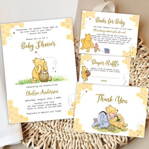 Classic Winnie the Pooh Baby Shower Invite Set, Editable Vintage Pooh Gender Neutral Invitation pack, Pooh and Friends Baby Sprinkle DLPB166