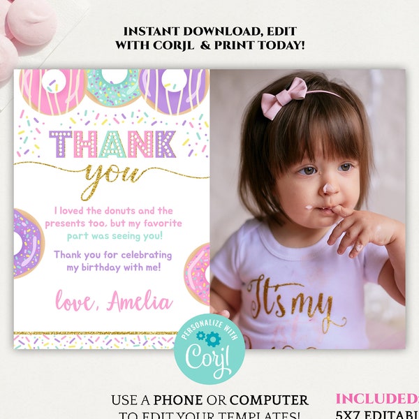 donut birthday thank you card, editable doughnut photo thank you note card girl birthday party, pink and purple confetti DLPB40