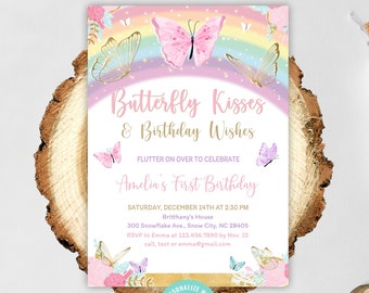 editable butterfly birthday invitation, rainbow butterfly kisses girl 1st birthday party invite, floral garden whimsical wishes DLPB128