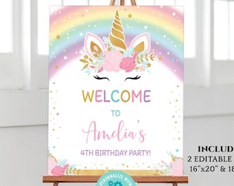 signo de bienvenida de unicornio arcoíris, decoración de fiesta de cumpleaños de niña unicornio floral editable, tablero de bienvenida de celebración mágica DLPB25