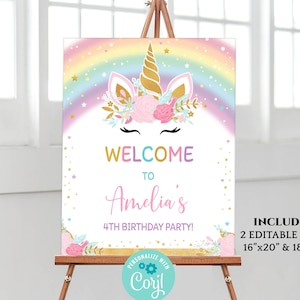 rainbow unicorn welcome sign, editable floral unicorn girl birthday party decoration, magical celebration welcome board DLPB25