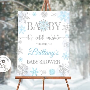 winter baby shower welcome sign, editable baby its cold outside welcome poster, little snowflake silver blue party decoration DLPB127
