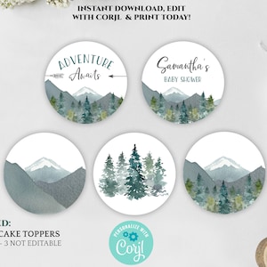 adventure awaits baby shower cupcake toppers, editable gender neutral, forest mountain printable round favor tag, party label DLPB34