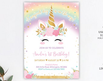 magical celebration DLPB25 editable unicorn birthday invitation template rainbow gold floral unicorn face girl birthday party invite magical celebration DLPB25 editable unicorn birthday invitation template rainbow gold floral unicorn face girl birthday party invite