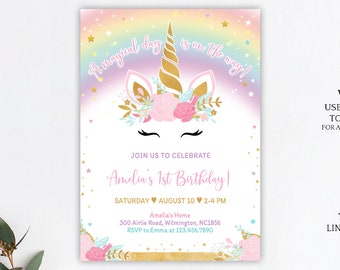 magical celebration DLPB25 editable unicorn birthday invitation template rainbow gold floral unicorn face girl birthday party invite magical celebration DLPB25 editable unicorn birthday invitation template rainbow gold floral unicorn face girl birthday party invite