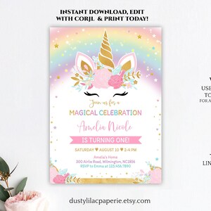 magical celebration DLPB25 editable unicorn birthday invitation template rainbow gold floral unicorn face girl birthday party invite magical celebration DLPB25 editable unicorn birthday invitation template rainbow gold floral unicorn face girl birthday party invite