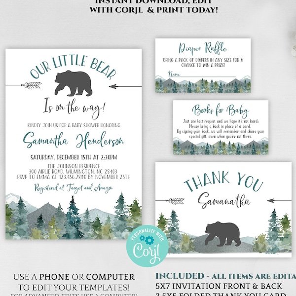 little cub baby shower invitation set, editable gender neutral baby shower invite, bear forest greenery outdoor mountain DLPB34