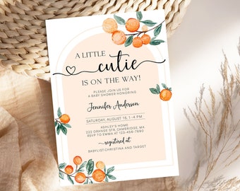 A Little Cutie Is On The Way Baby Shower Invitation, Editable Citrus Baby Shower Invite, Summer Orange Theme Gender Neutral Invite DLPB165