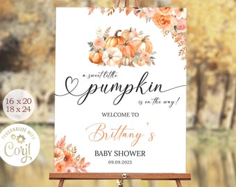 Letrero de bienvenida editable para baby shower con temática de calabaza otoñal, diseño floral rosa y naranja: "Una pequeña calabaza está en camino". Decoración de bienvenida otoñal DLPB141