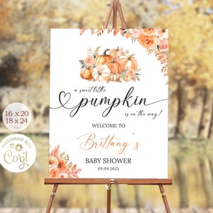Peut inclure: Une pancarte rectangulaire blanche ornée de citrouilles orange et blanches à l'aquarelle avec des motifs floraux. Le texte indique : a sweet little pumpkin is on the way! WELCOME TO Brittany's BABY SHOWER 09.09.2023. Tailles 16 x 20 et 18 x 24.